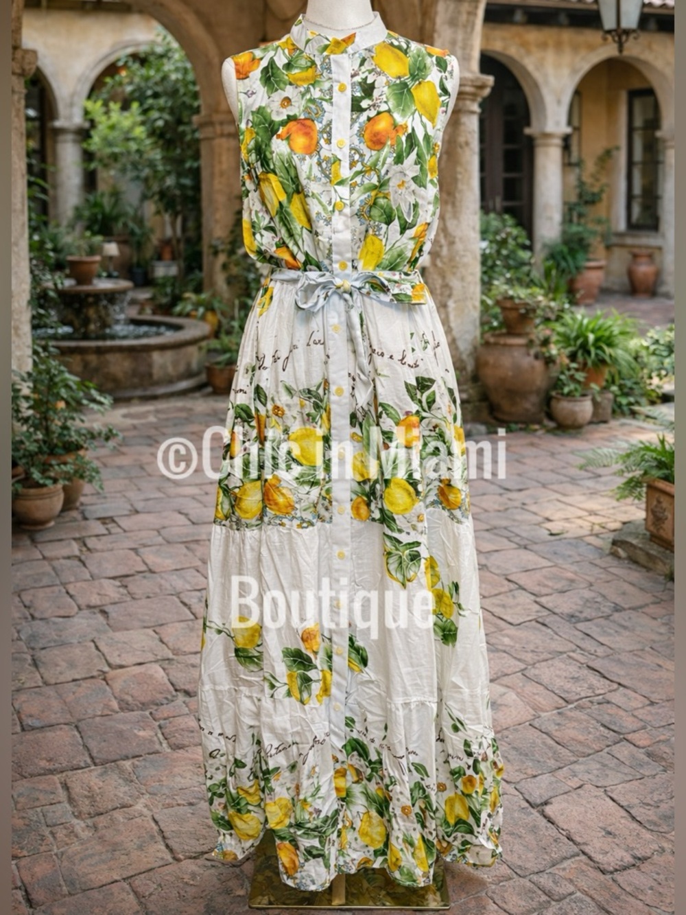 Antica Sartoria 2026 Sleeveless White Lemon-Print Maxi Dress